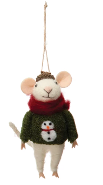 Felt Mouse in Hat and Green Sweater Ornament