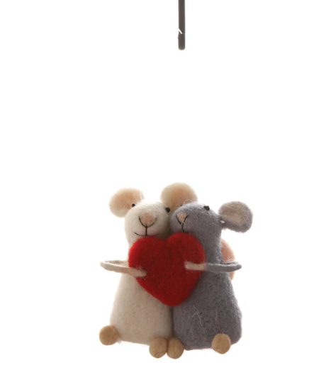 Wool Felt Mice with Heart Ornament