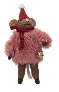 Wool Felt Mouse w/ Pink Faux Fur Sweater