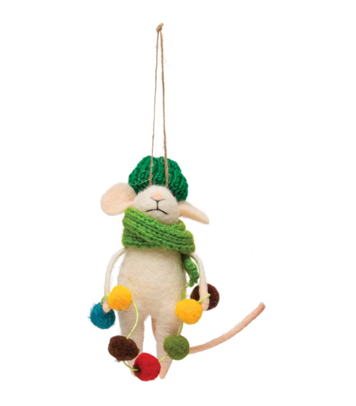 Wool Felt Mouse in Knit Scarf & Hat Ornament w/ Garland