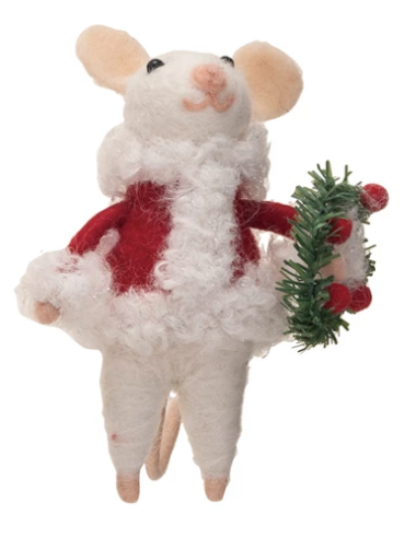 Wool Felt Mouse in Santa Outfit with Wreath