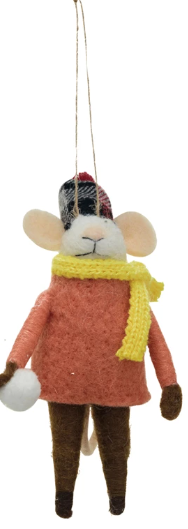 Wool Felt Mouse in Winter Outfit Ornament w/ Snowball 2