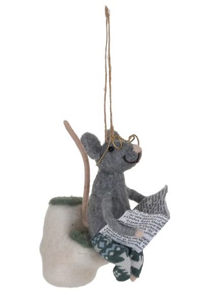 Felt Mouse Ornament on Toilet w/ Glasses & Newspaper