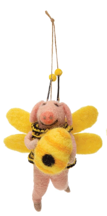 Wool Felt Pig in Bee Suit Ornament