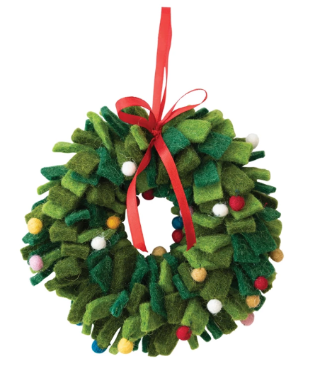 Handmade Wool Felt Wreath w/ Multi Color Pom Poms (7")