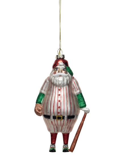 Glass Santa in Baseball Outfit Ornament w/ Bat & Glitter, Multi Color