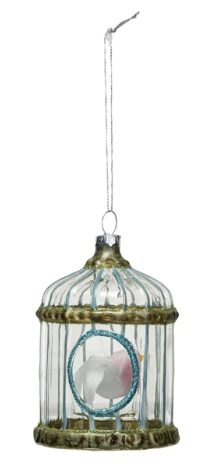 Glass Green Birdcage w/ Bird Ornament