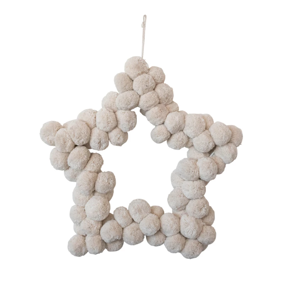 Handmade Metal & Wool Pom Pom Star Shaped Wreath, Natural