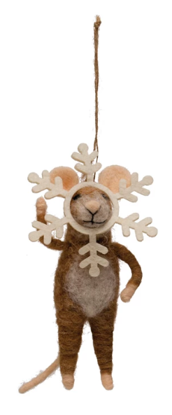 Wool Felt Mouse in Snowflake Outfit Ornament, Brown & Cream Color 1