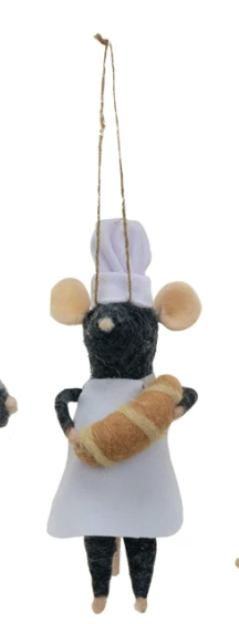 Handmade Wool Felt Chef Mouse Ornament with bread