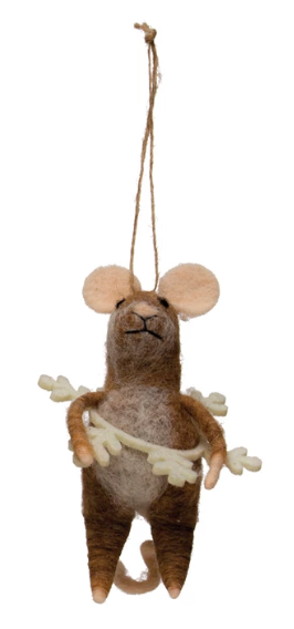 Wool Felt Mouse in Snowflake Outfit Ornament, Brown & Cream Color 2