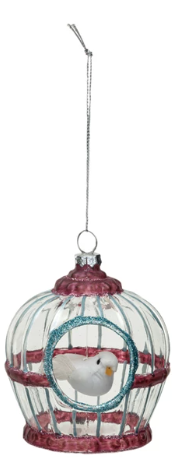 Glass Pink Birdcage w/ Bird Ornament