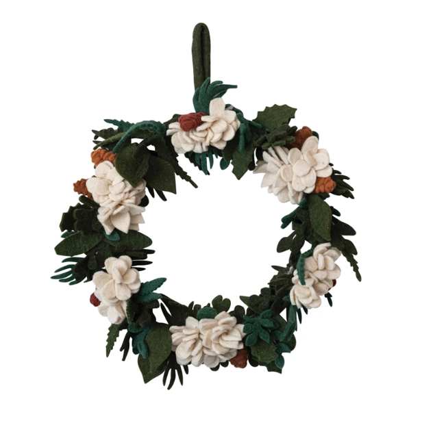 Handmade Wool Felt Wreath w/ Appliqued Leaves & Flowers, Multi Color