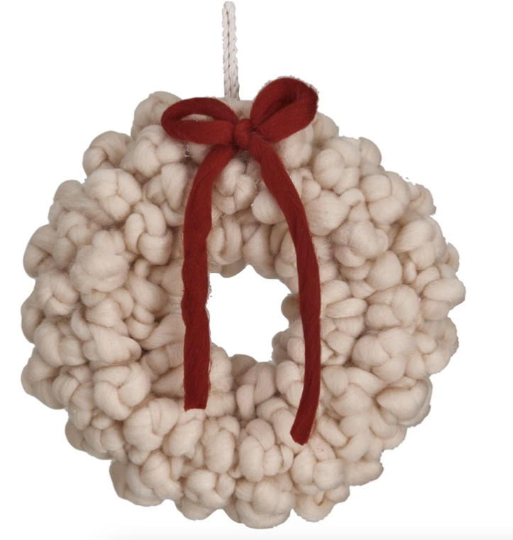 Wool Wreath w/ Red Bow, Cream Color