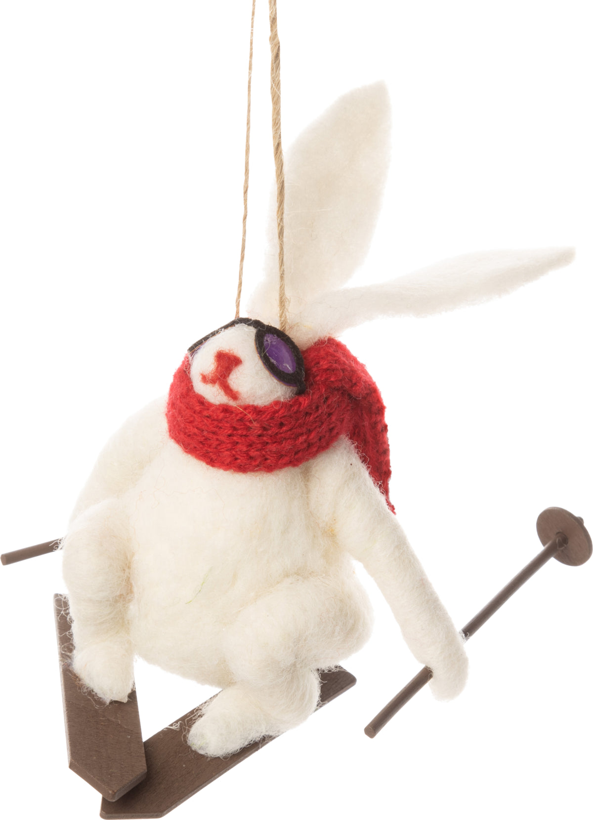 Felt ski racer bunny ornament with goggles and poles.