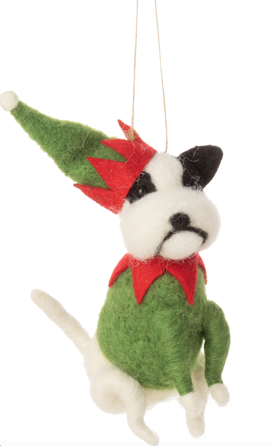 Felt dog in Christmas elf outfit.