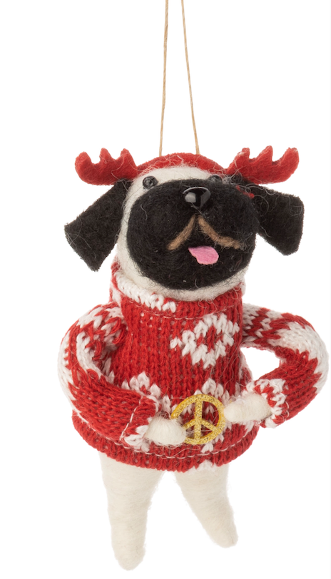 Felt Dog in Christmas Sweater with Peace Sign Ornament