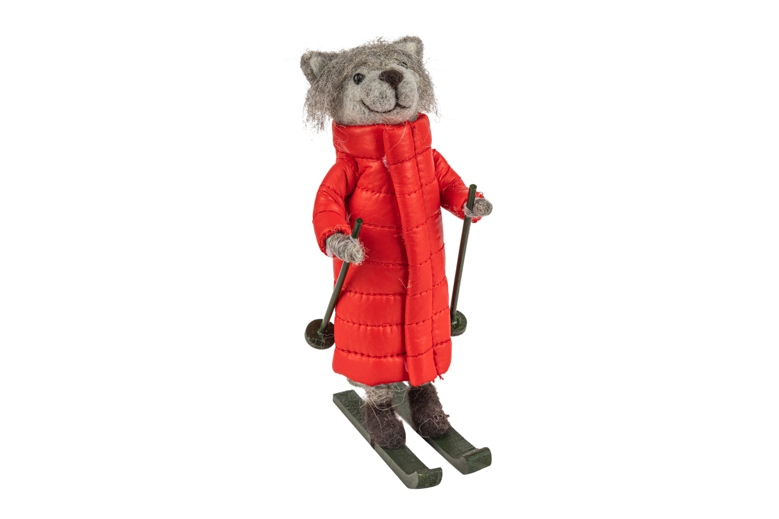 Felt fox on skis in red parka ornament.