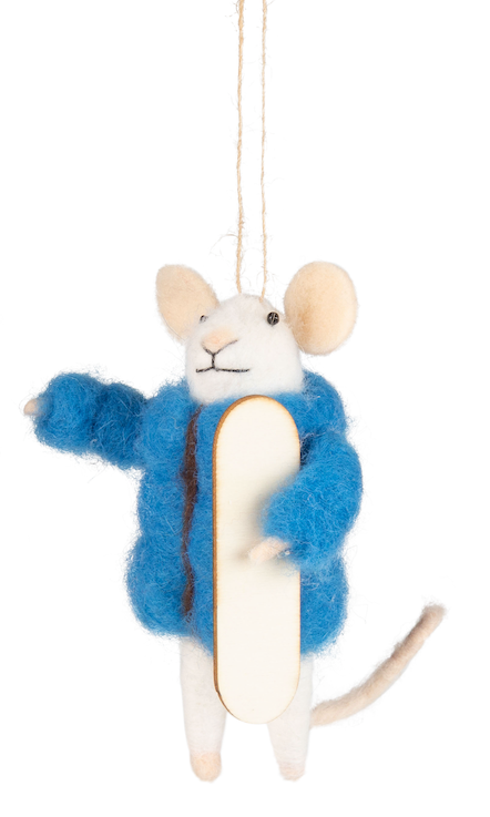 Felt mouse ornament with blue jacket holding snowboard.
