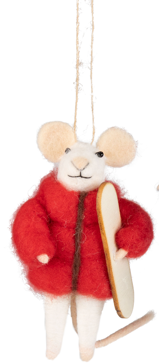 Felt mouse ornament in red jacket holding snowboard.