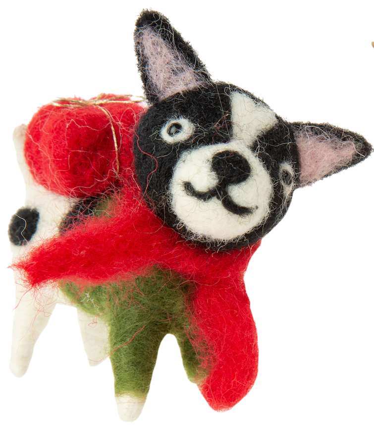 Felt Christmas puppy ornament in green and red outfit.