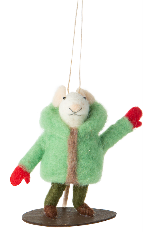 Felt snowboarding mouse ornament in green puffy coat.