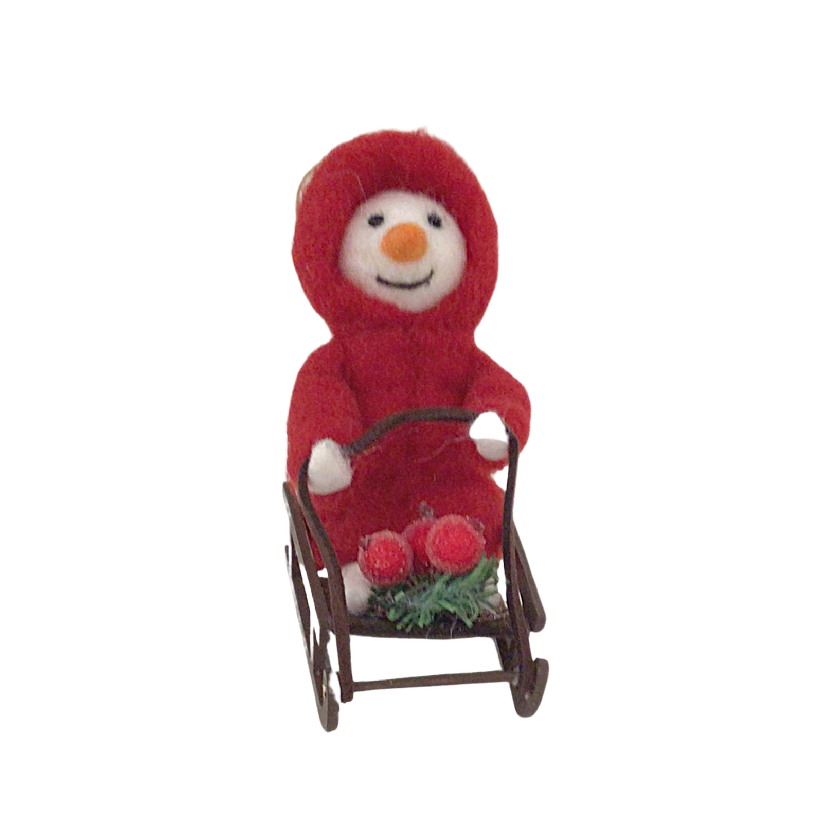 Felt snowman ornament on sled in red parka.