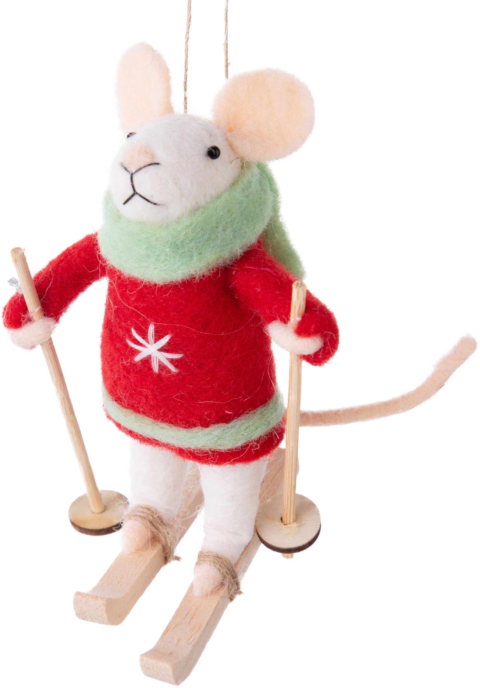 Felt mouse skier with red sweater and green scarf.