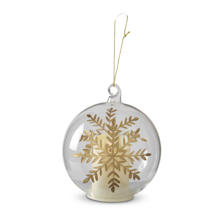 LED clear glass ornament with gilded gold etched snowflake.