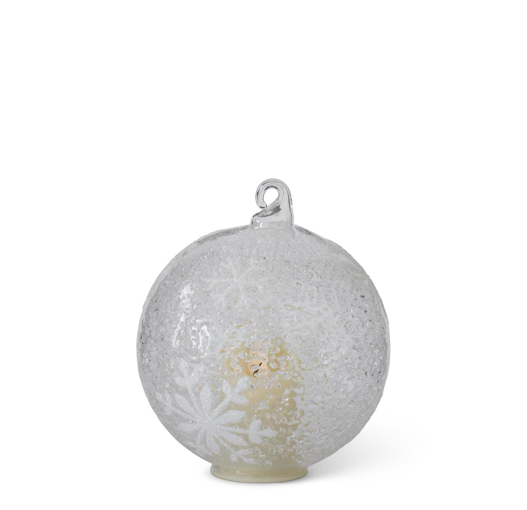 Textured Glass White Snowflakes LED Ornament