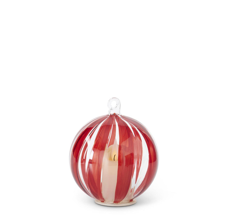 Hand painted red stripe clear glass ball ornament.