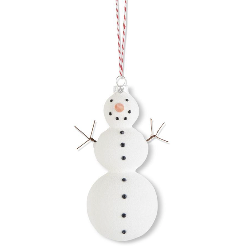 Glass snowman ornament with posable arms.