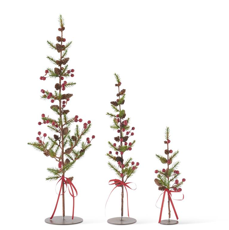 Set of 3 pine twig trees with red berries and mini pinecones.