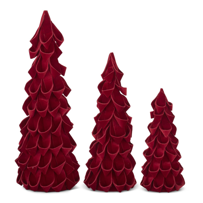 Set of 3 red velvet ribbon cone trees.