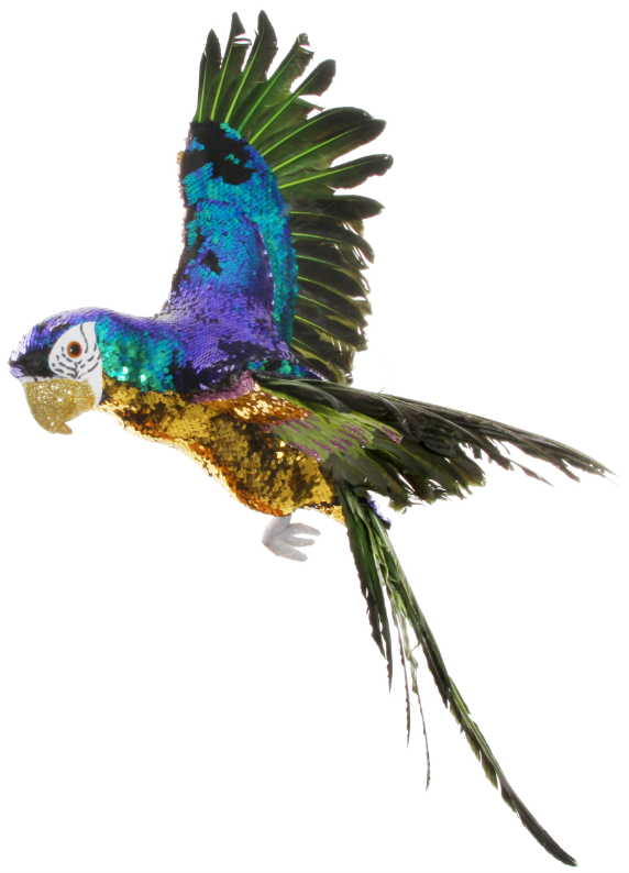 Blue and green sequin parrot in flying position.