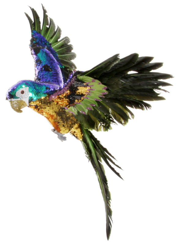 Blue and green sequin parrot flying.