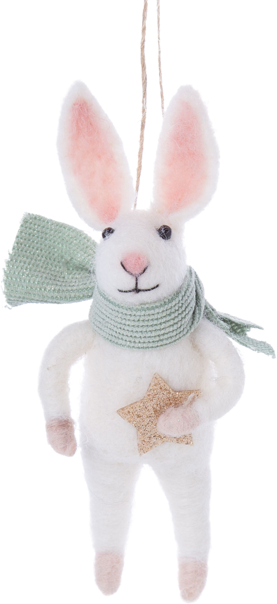 Felt bunny ornament in green scarf with gold star.