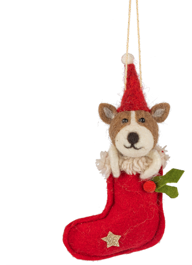 Felt dog in stocking ornament.