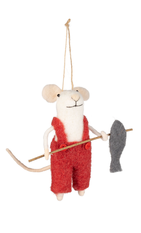 Felt mouse ornament with fishing pole and fish.