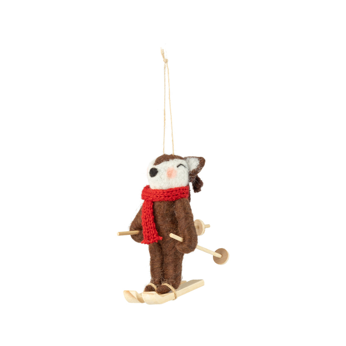 Felt reindeer ornament on wooden skis.
