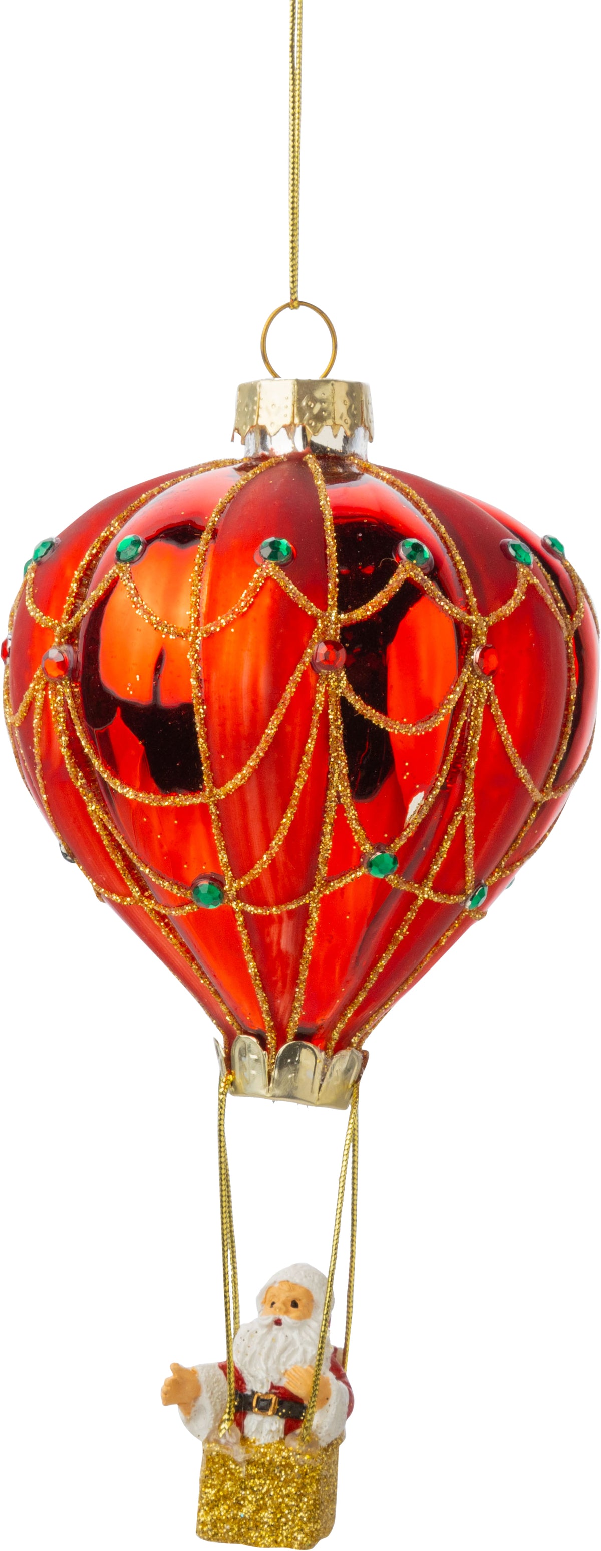 Glass hot air balloon ornament with Santa in basket.