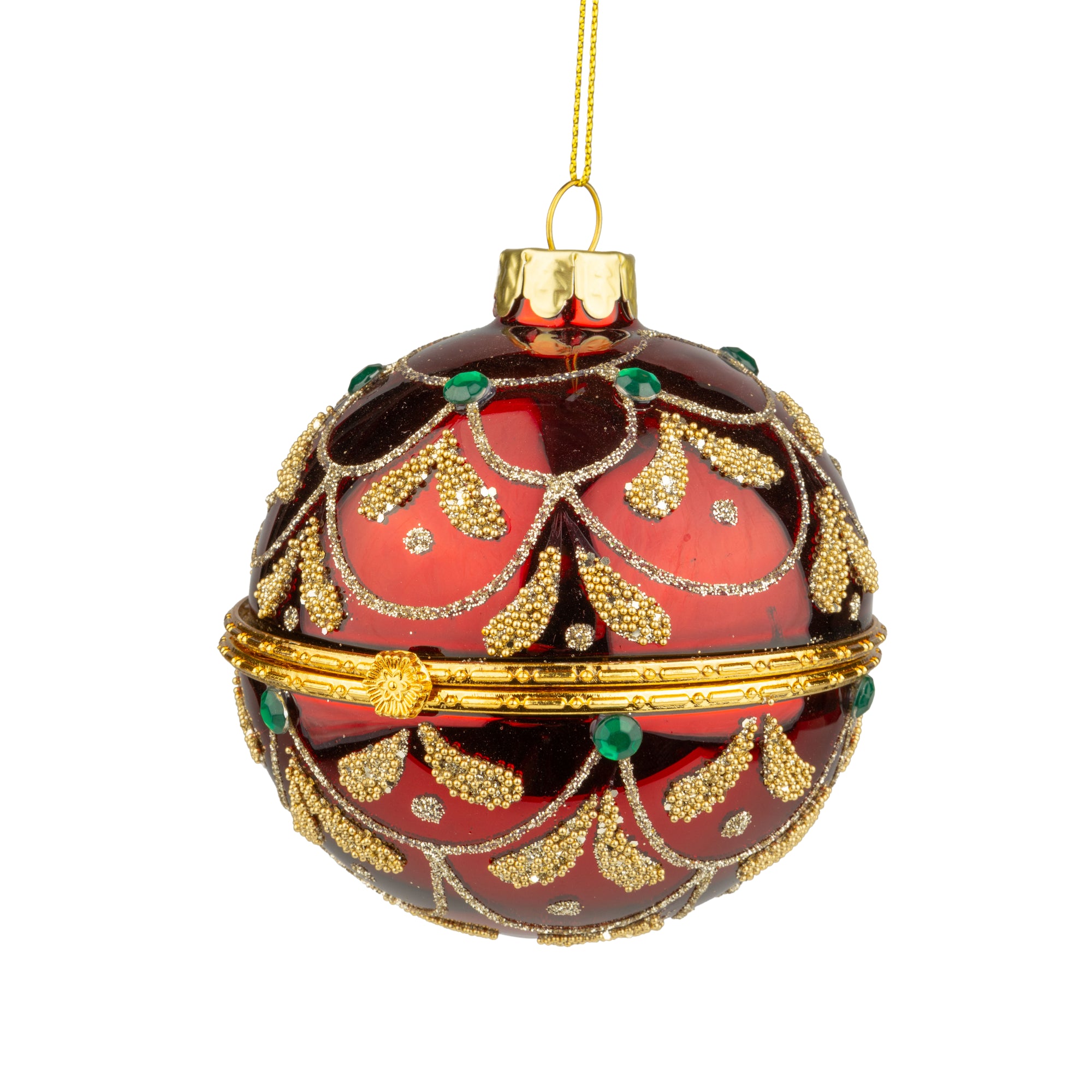 Glass ball trinket holder ornament in burgundy and gold.