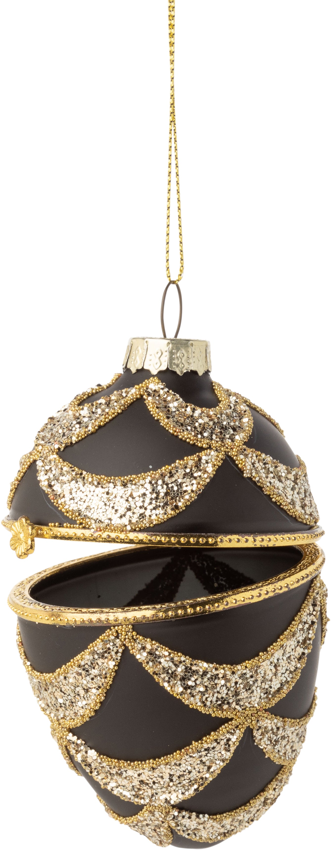 Glass trinket holder ornament in black and gold.