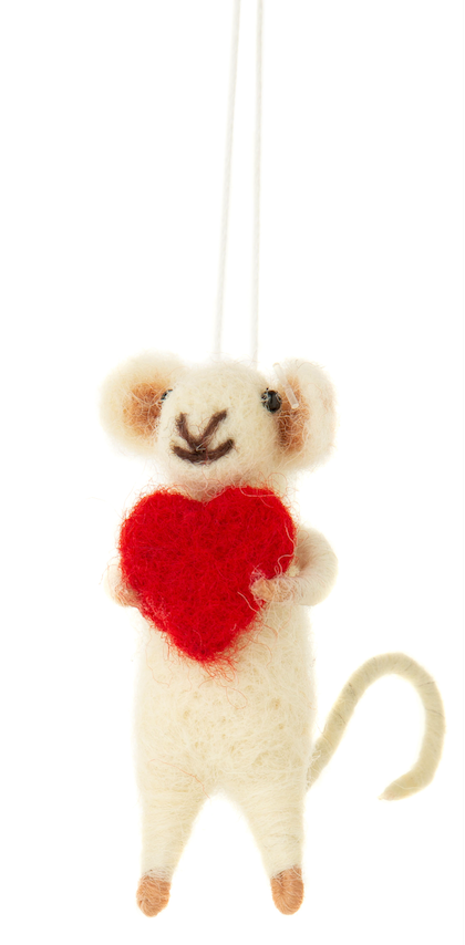 Felt mouse holding heart ornament.