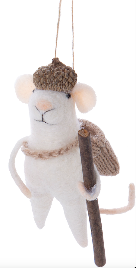 Felt mouse ornament with walking stick, shoulder bag, and acorn hat.