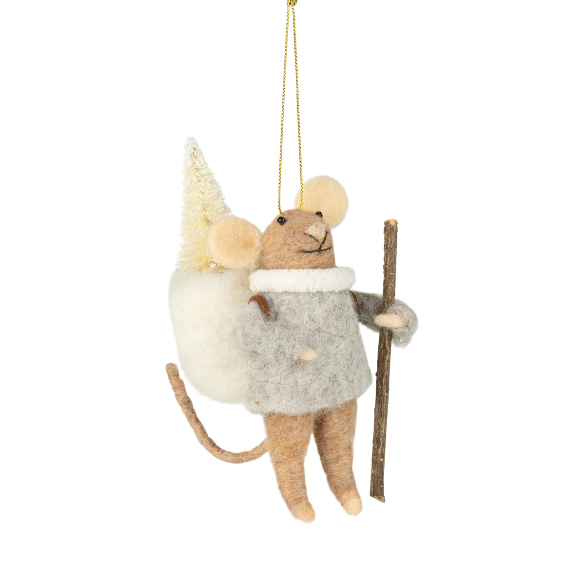 Felt brown mouse hiking with walking stick ornament.