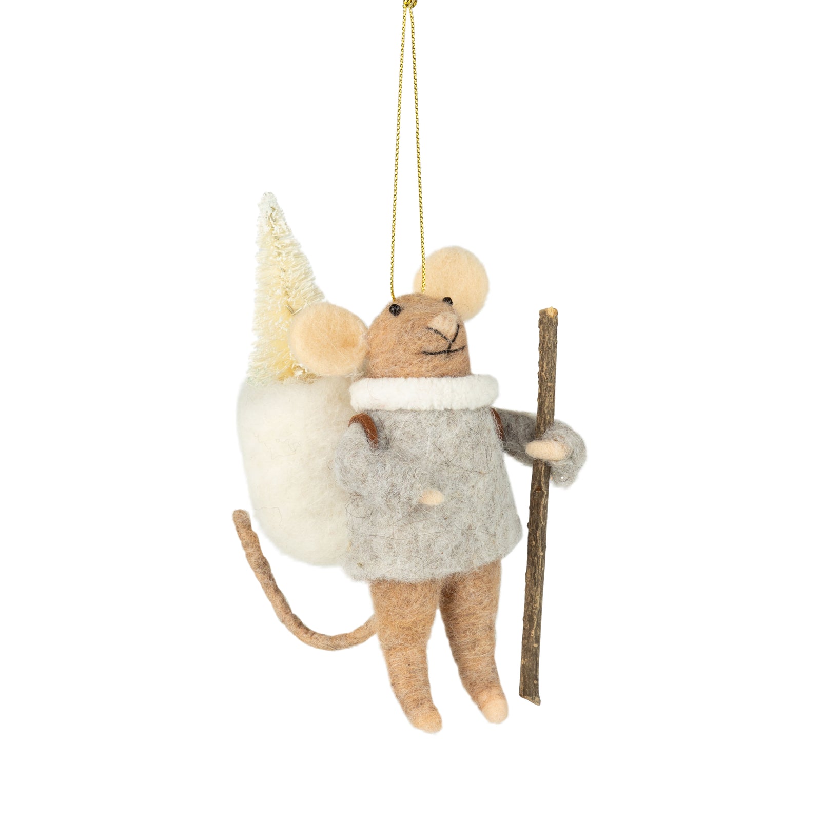 Felt brown mouse hiking with walking stick ornament.