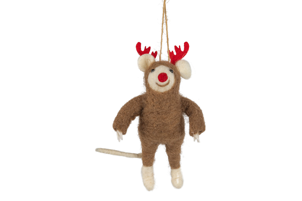 Felt reindeer ornament with red antlers.