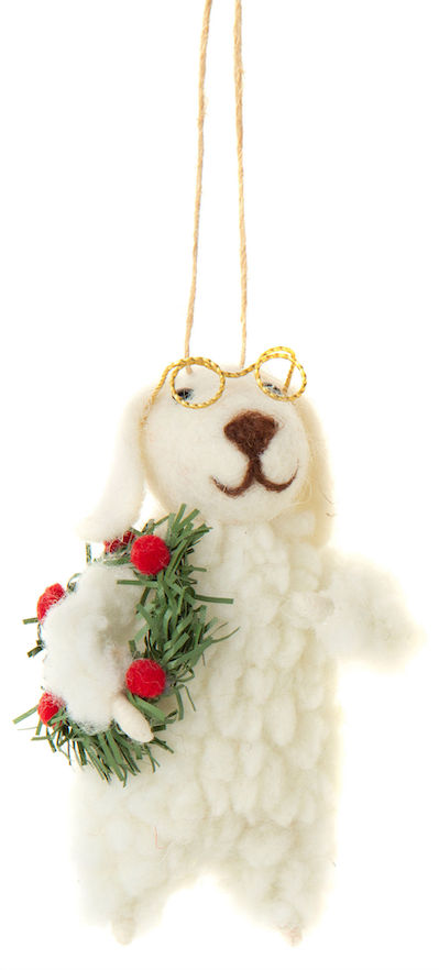 Felt sheep ornament with wreath.