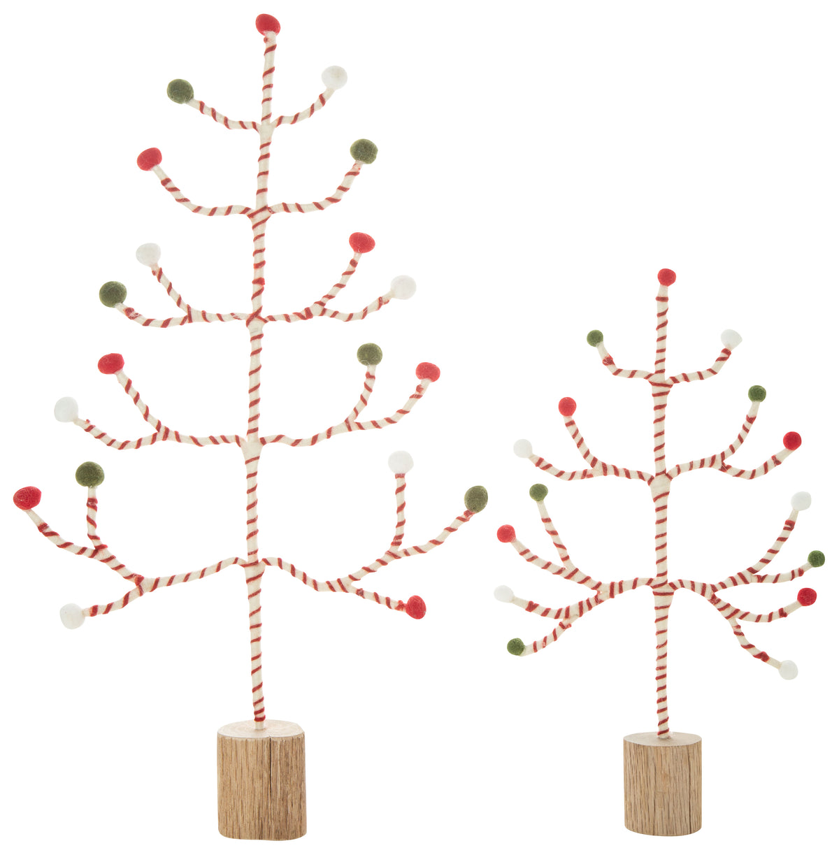 Table top tree ornaments with yarn and pompoms.